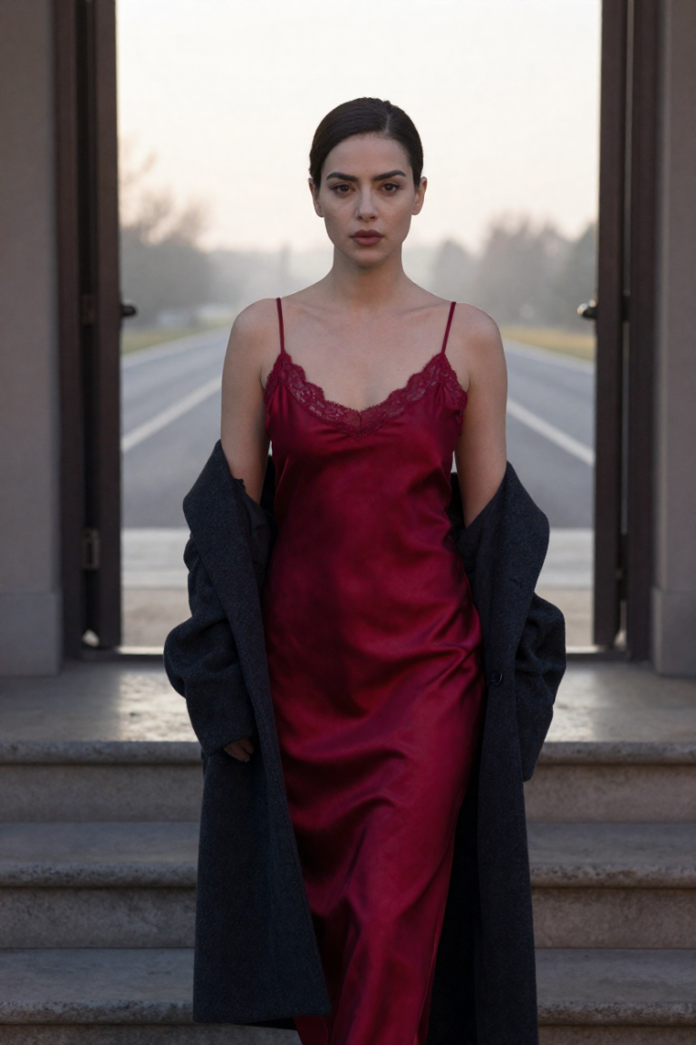 Fictional 27-year-old HuarenGo muse in a scarlet satin slip dress standing on a wide stone step before a plain doorway at dawn
