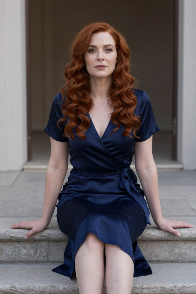 Fictional 29-year-old HuarenGo muse in a midnight-blue silk wrap dress seated on a broad stone step by a plain doorway